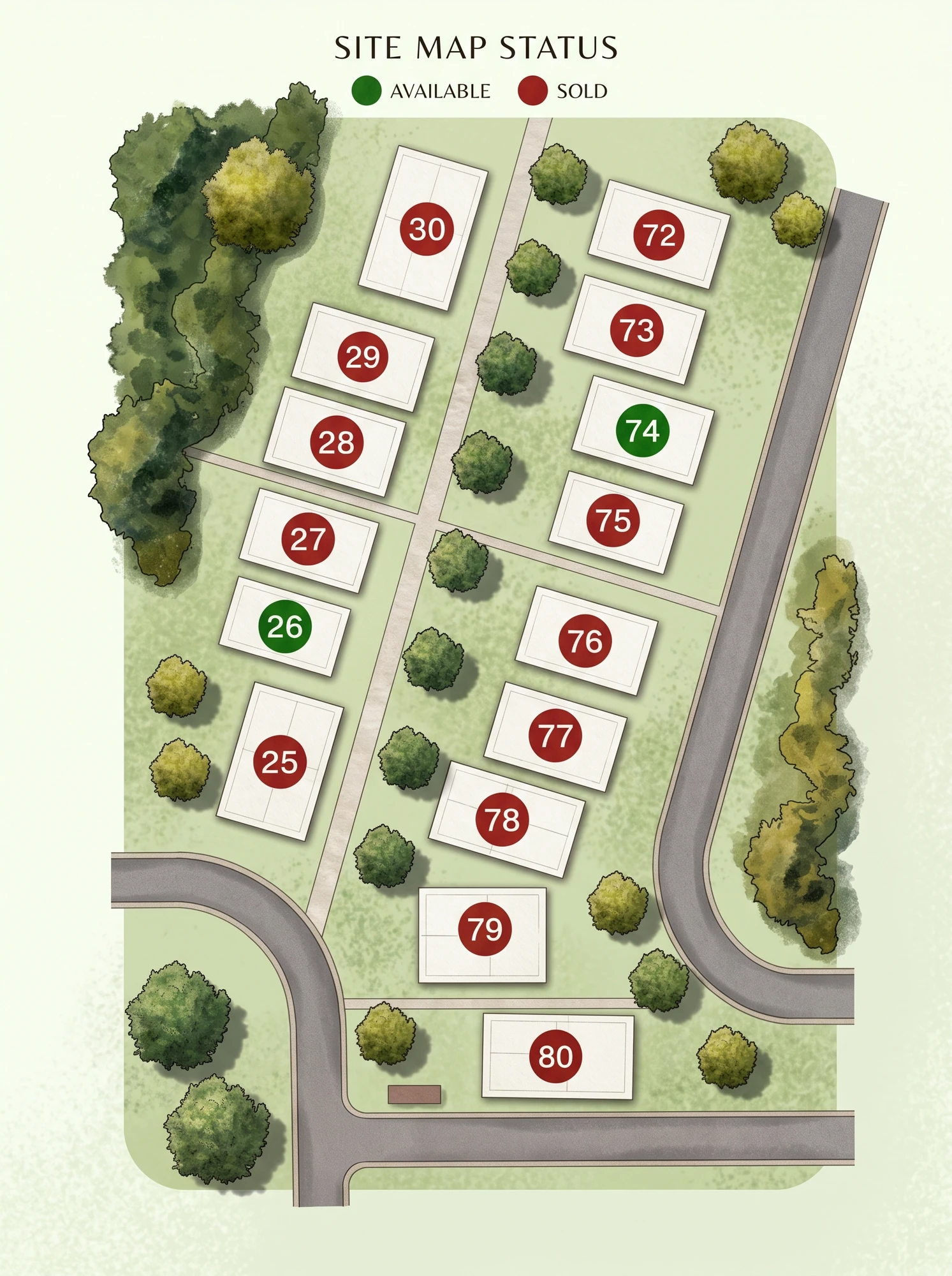 Illustrated Foundry Park site map showing homesites 25 to 30 and 72 to 80, with homesites 26 and 74 marked available and the rest marked sold