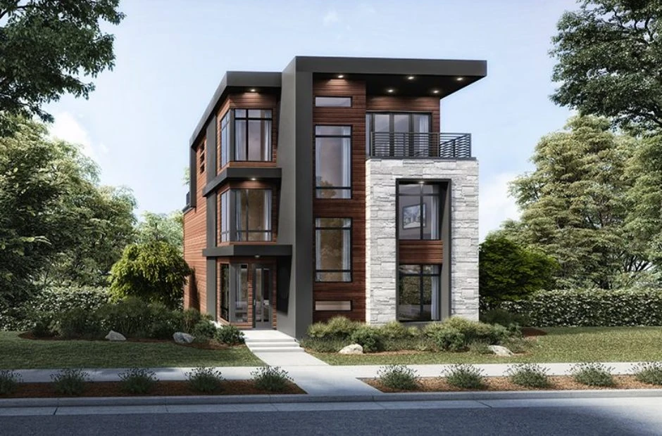 Rendering of a contemporary multi-story home with wood and dark panel siding, a white stone tower, tall black windows and a top-floor balcony