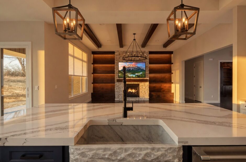 Without making any structural changes, please make this image more aesthetically pleasing and cinematic for use on our company page to make a person want to buy and live in this home. Do not make it look too much like AI.