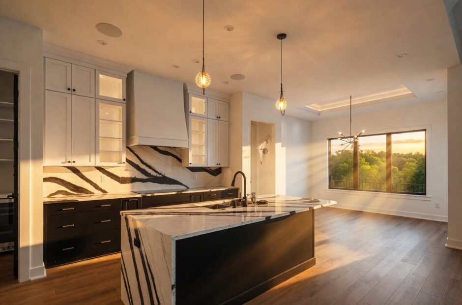 Breckenridge kitchen with dramatic book-matched stone island, dark lower cabinets, white upper cabinets, and statement backsplash by Justin Doyle Homes — luxury custom home builder Cincinnati
