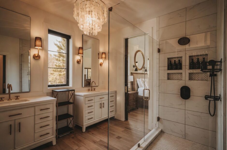 Oakmont II primary suite bathroom with dual vanities, glass walk-in shower, and chandelier by Justin Doyle Homes — luxury custom home builder Cincinnati