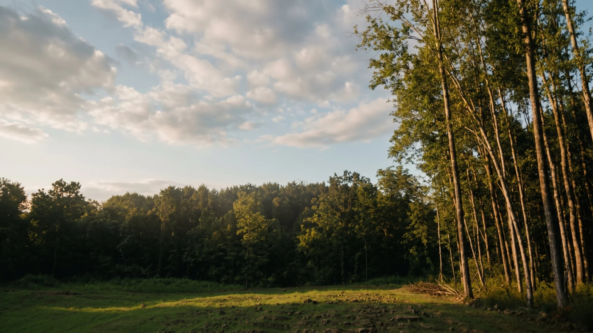 Grassy clearing at golden hour beside a stand of tall, thin trees, with woods beyond and a brush pile at the tree line