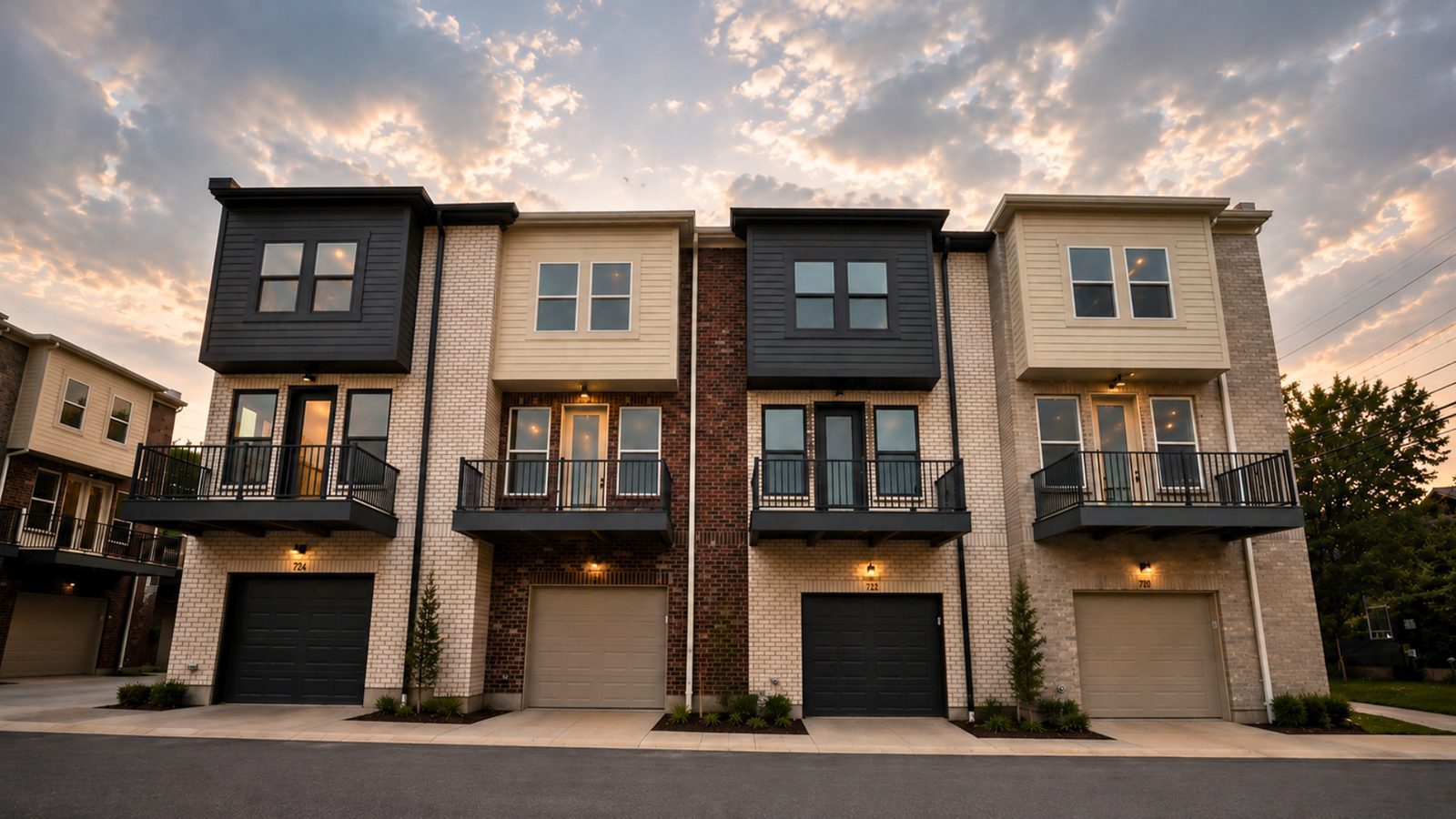 Rear of the Lebanon Landing townhomes showing attached garages and second-floor balconies