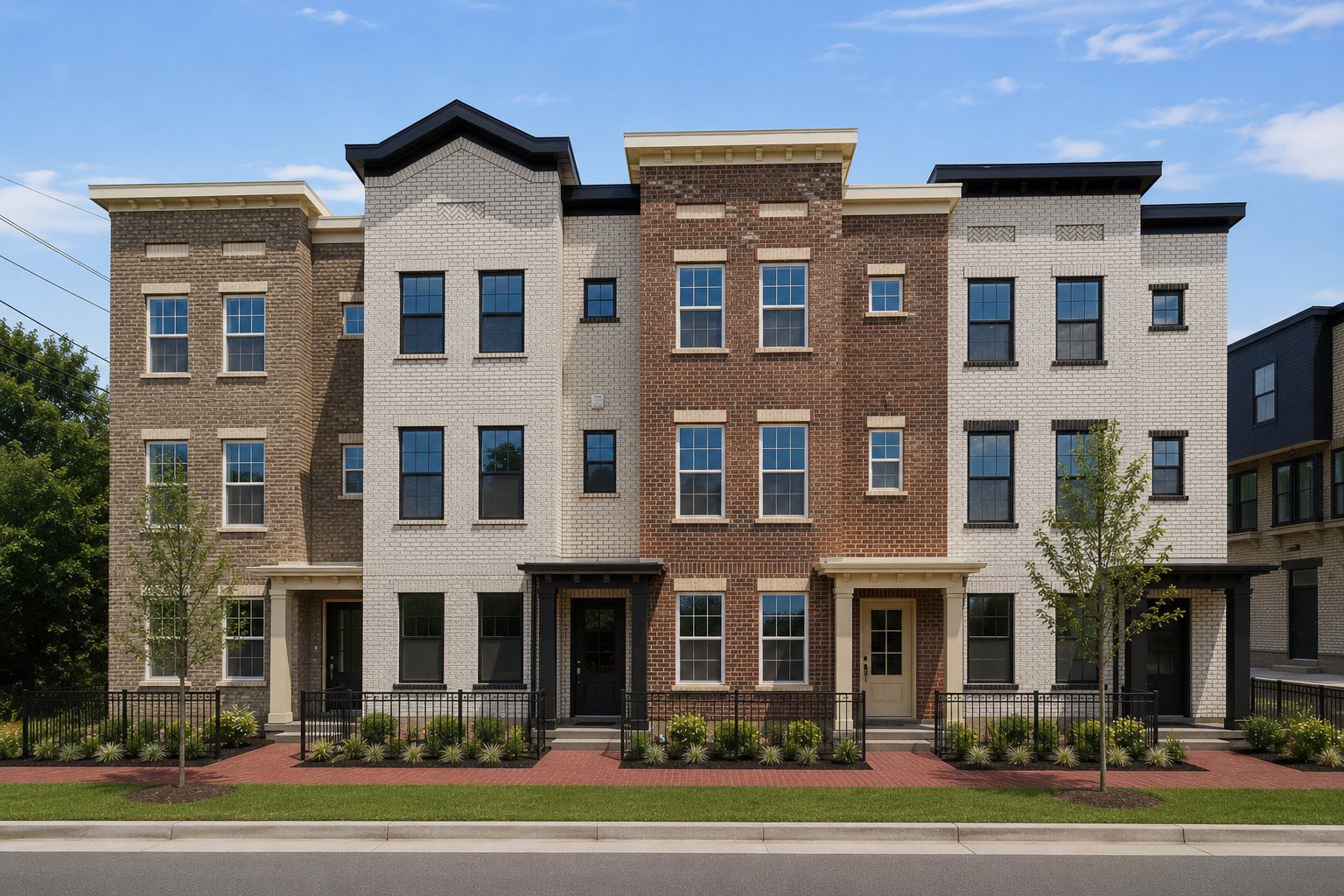 A row of brick townhomes at Lebanon Landing in historic downtown Lebanon, Ohio
