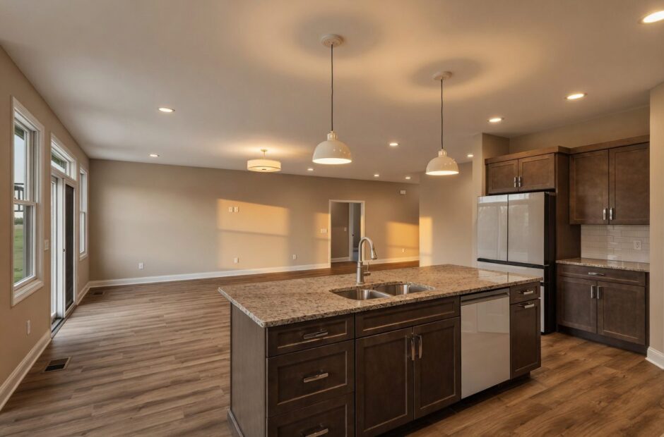 Alder floor plan kitchen island with granite countertop looking into open-concept great room with hardwood floors and natural light — Justin Doyle Homes, Cincinnati