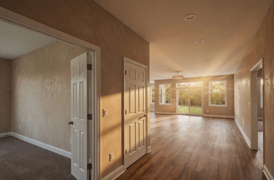 Alder floor plan entry hallway with hardwood floors, 9-foot ceilings, and open sightline to great room and rear windows — Justin Doyle Homes, Cincinnati