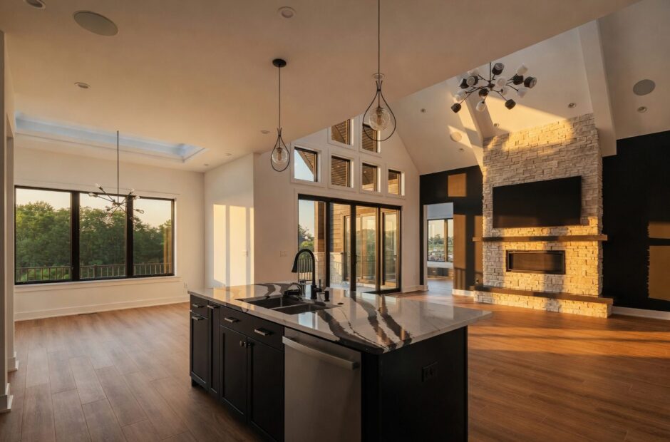 Breckenridge open concept kitchen and great room with stone fireplace, vaulted ceiling, and sliding glass doors by Justin Doyle Homes — custom home builder Cincinnati