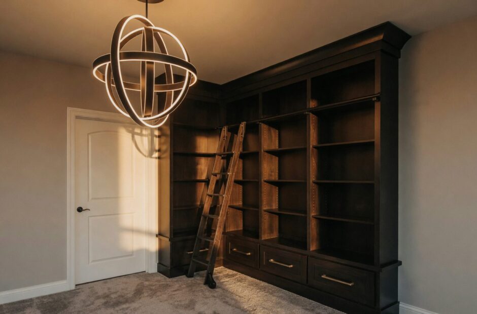 Oakmont floor plan home office with floor-to-ceiling dark built-in shelving, rolling library ladder, and orbital LED chandelier — Justin Doyle Homes, Cincinnati
