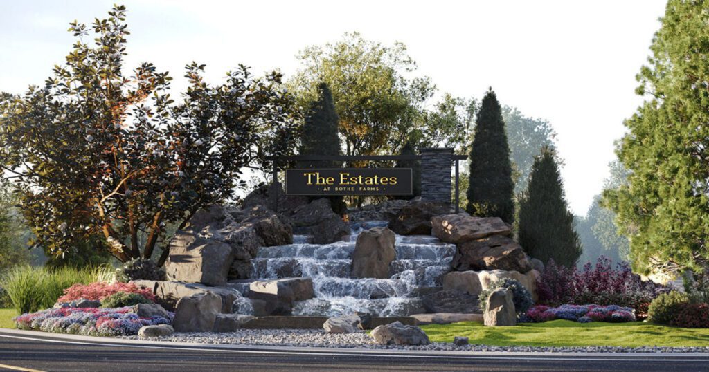 Rendering of the stone waterfall entrance monument at The Estates at Bothe Farms in Loveland, Ohio, site of HOMEARAMA 2026
